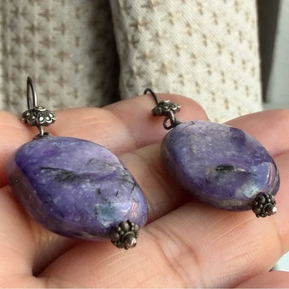 Handmade Chariote Purple Gemstone Sterling Silver Boho Dangle Earrings - Picture 6 of 17